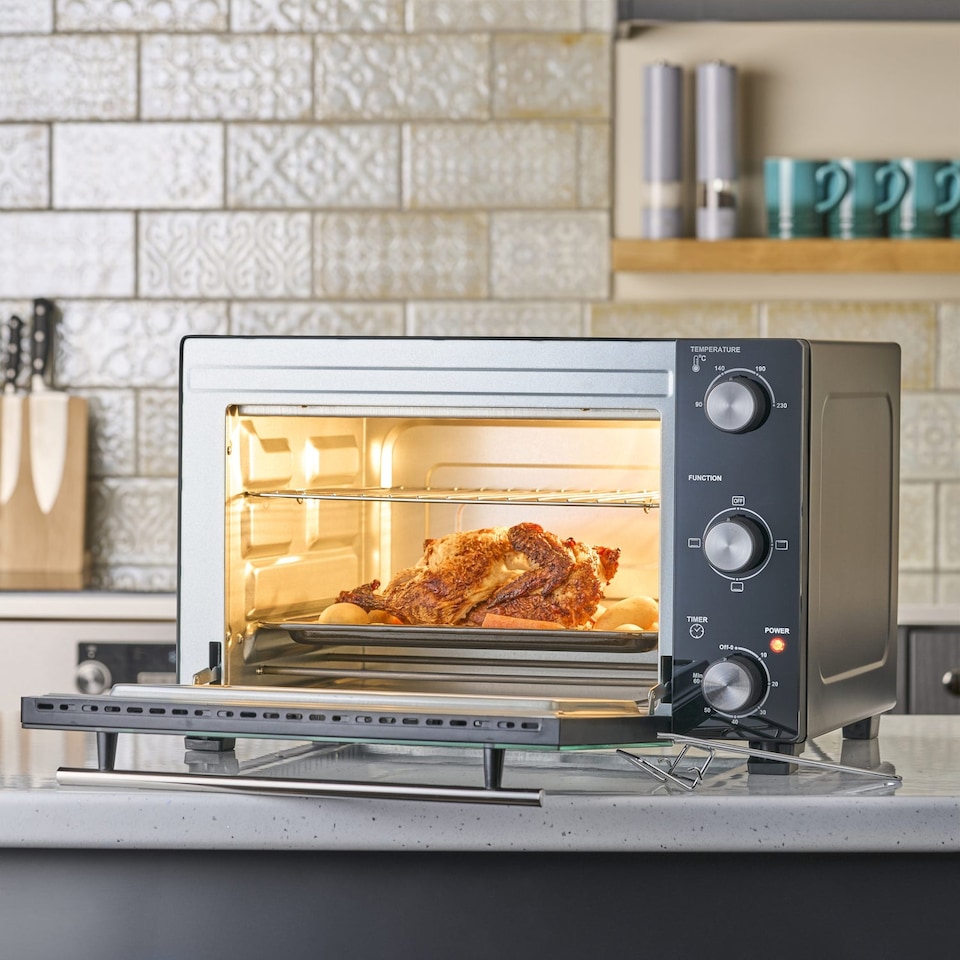 image 1 of Cooks Professional 28L Mini Oven - Electric Multifunction Countertop Grill Cooker with Adjustable Temp & Timer | Black | Black & Silver