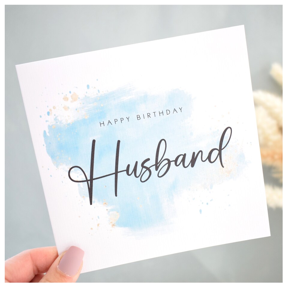 image 1 of Happy Birthday Husband Greeting Card. Minimal Script Watercolour Elegant Luxury