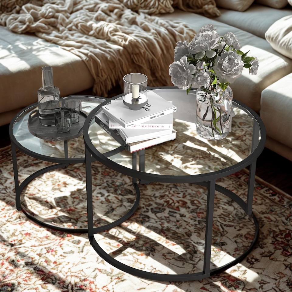 image 1 of Set Of 2 Round Black Nesting Tables With Tempered Glass Top