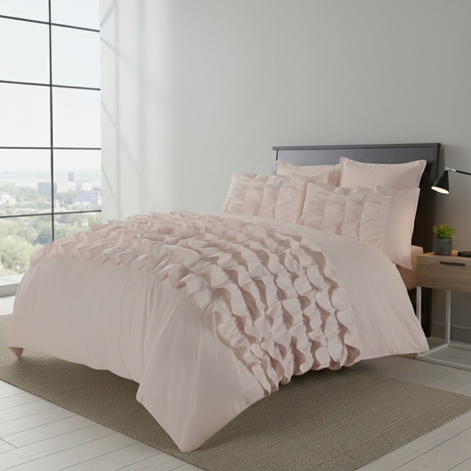 image 1 of Ruffle Border Duvet Cover Soft Elegant Bedding Set with Pillowcases | Pink | Super King