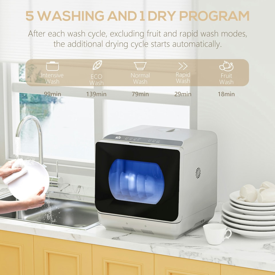 image 1 of HOMCOM Worktop Dishwasher w/ 4 Place Settings 6 Programs, Silver Tone