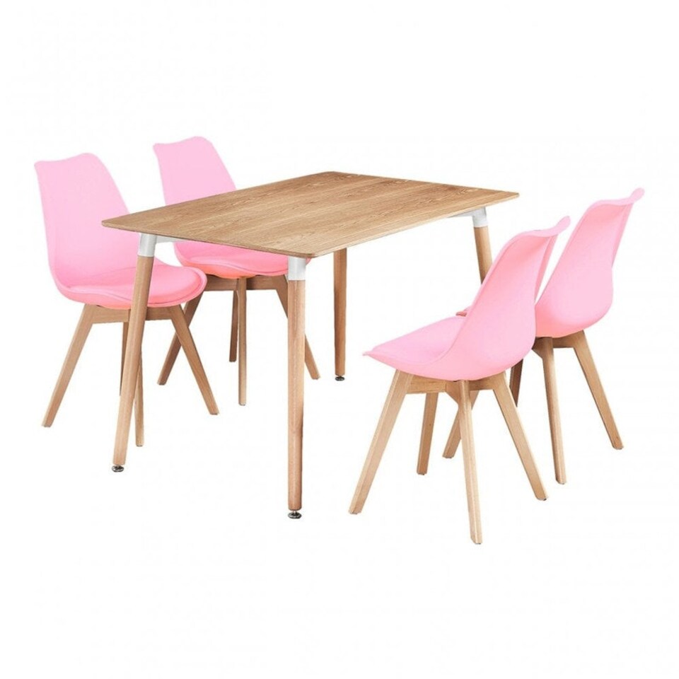 image 1 of 5PCs Dining Set - an Oak Halo Dining Table & Set of 4 Lorenzo Tulip Chairs with Padded Seat | Pink