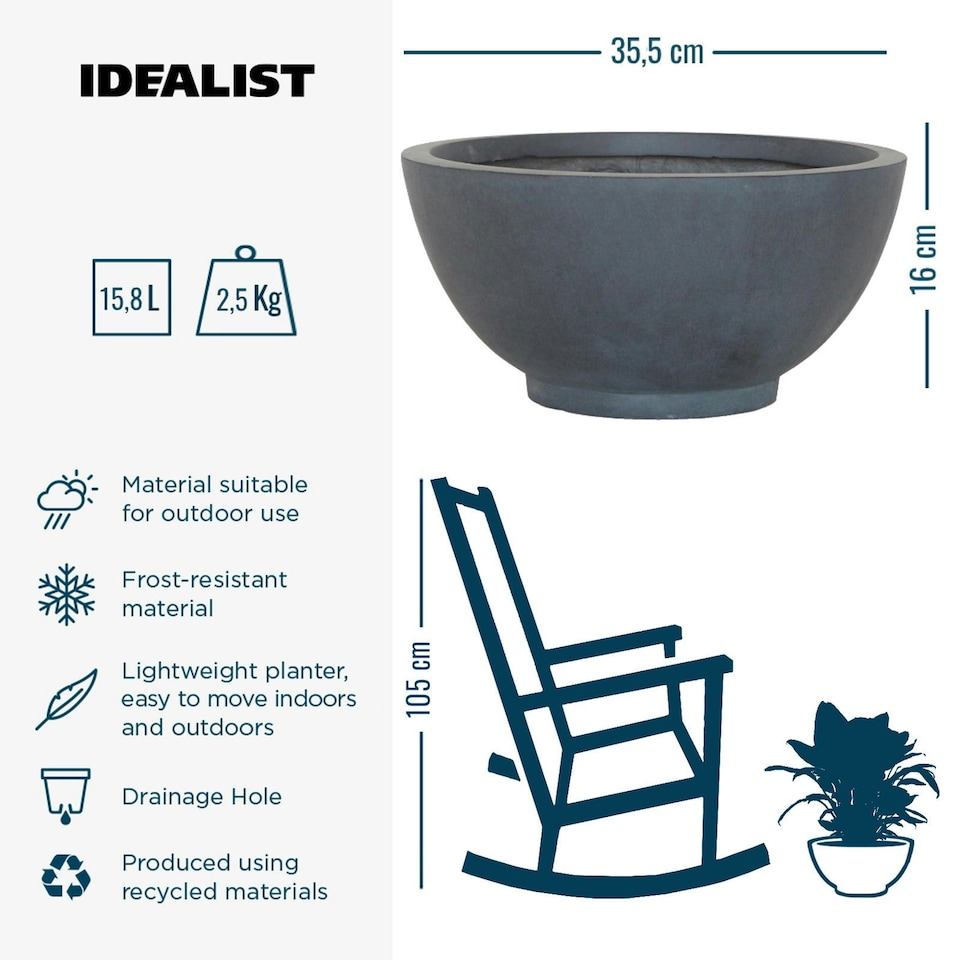 image 1 of Dark Grey Dish Style Smooth Bowl Outdoor Garden Planter D35.5 H16 cm, 15.8 ltrs Cap.
