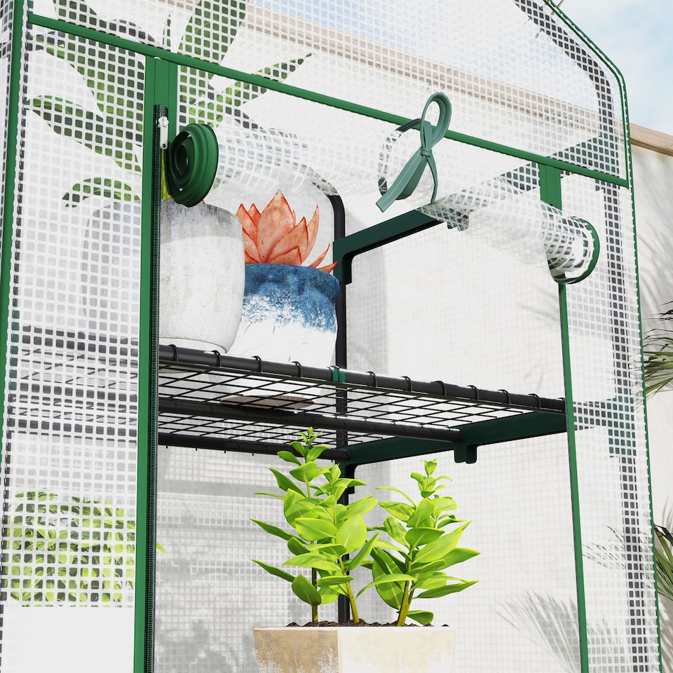 image 1 of Outsunny 5 Tier Mini Greenhouse Grow House w Roll Up Door, WhiteGreen