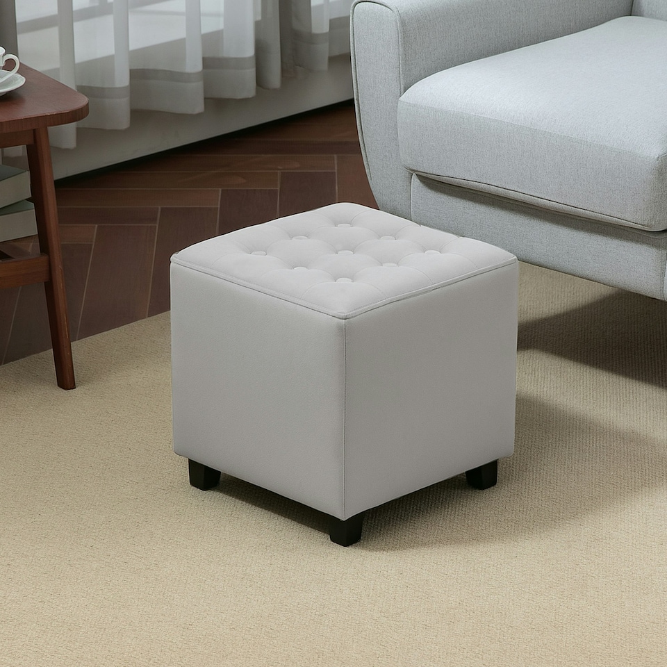 image 1 of HOMCOM Square Footstool Small Ottoman w/ Wood Legs for Bedroom Light Grey Grey