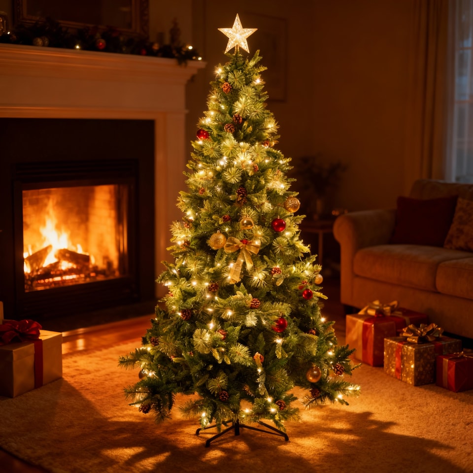 image 1 of 7FT Californian Boulder Bushy Look Luxurious Forest Green Artificial Christmas Tree Pine Cones Hinged Branches | Green | Green | 7ft