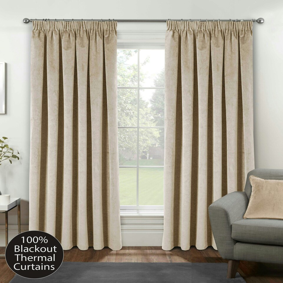 image 1 of Oxford Cream Velvet Curtains 90 x 72 inch (229 x 183 cm) 100% Blackout Pencil Pleat Thermal Noise Reducing Curtains for Bedroom and Living Room
