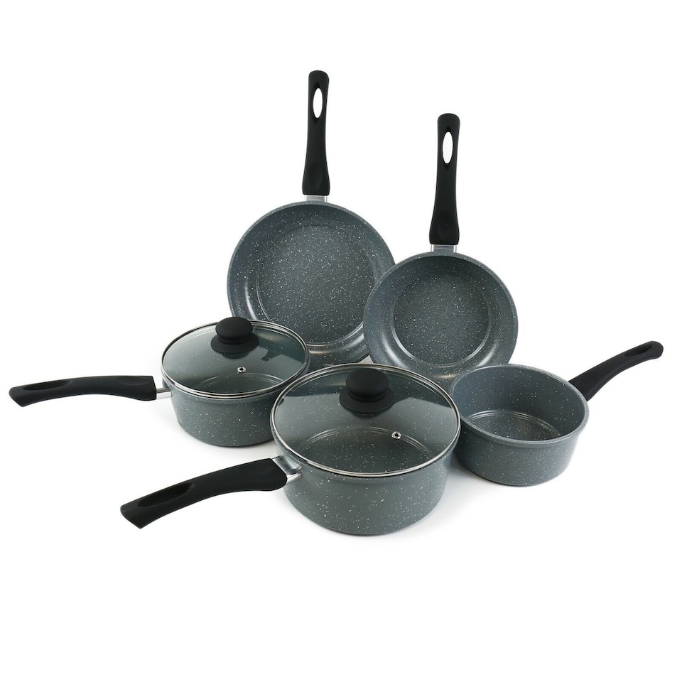 image 1 of Set of 5 Marble Grey Saucepan & Fryingpan