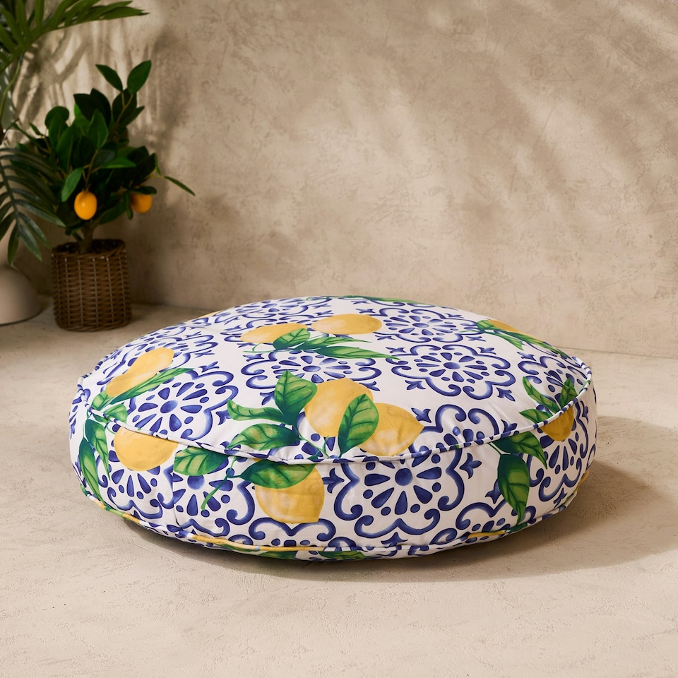 image 1 of OHS Lemons Outdoor Garden Patio Deck Large Plump Round Water Resistant Floor Plush Seat Cushion Blue | 60cm