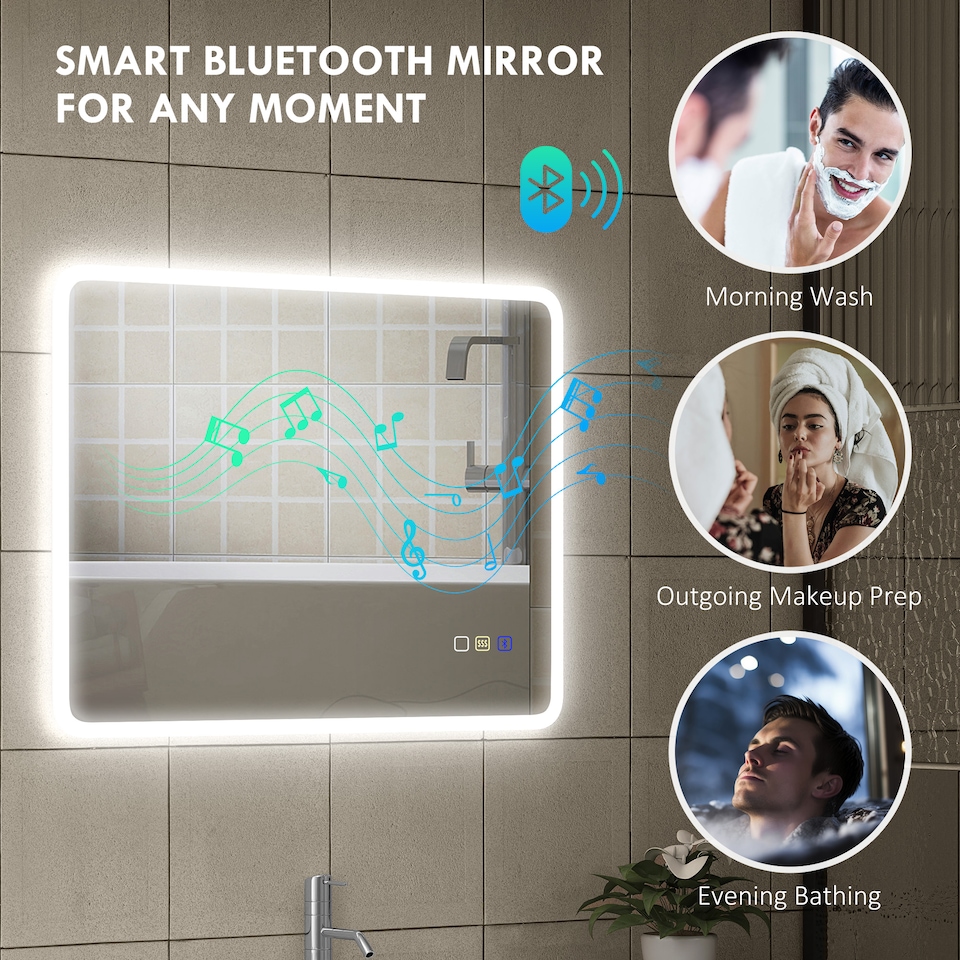 image 1 of HOMCOM 600  800 mm Backlit Illuminated Bathroom Mirror with LED Lights and Bluetooth, Wall Mounted Vanity Mirror with 3 Colours Dimmable, Anti-Fog, Memory Function, Touch Switch, IP44 | Silver | 1