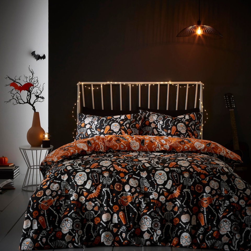 image 1 of Bedlam Halloween Day of the Dead Duvet Cover Set Black/Orange