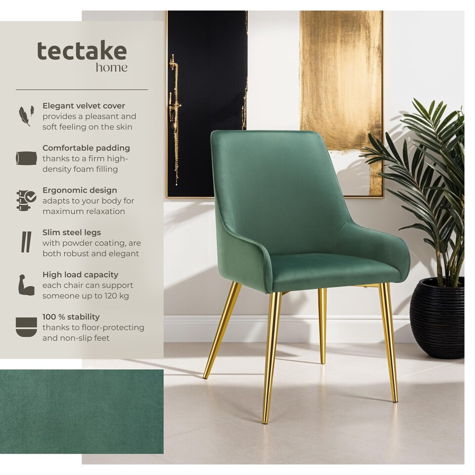 image 1 of Dining Chair Avane - velvet look, padded armchair, high backrest and armrests | Green | green | 6