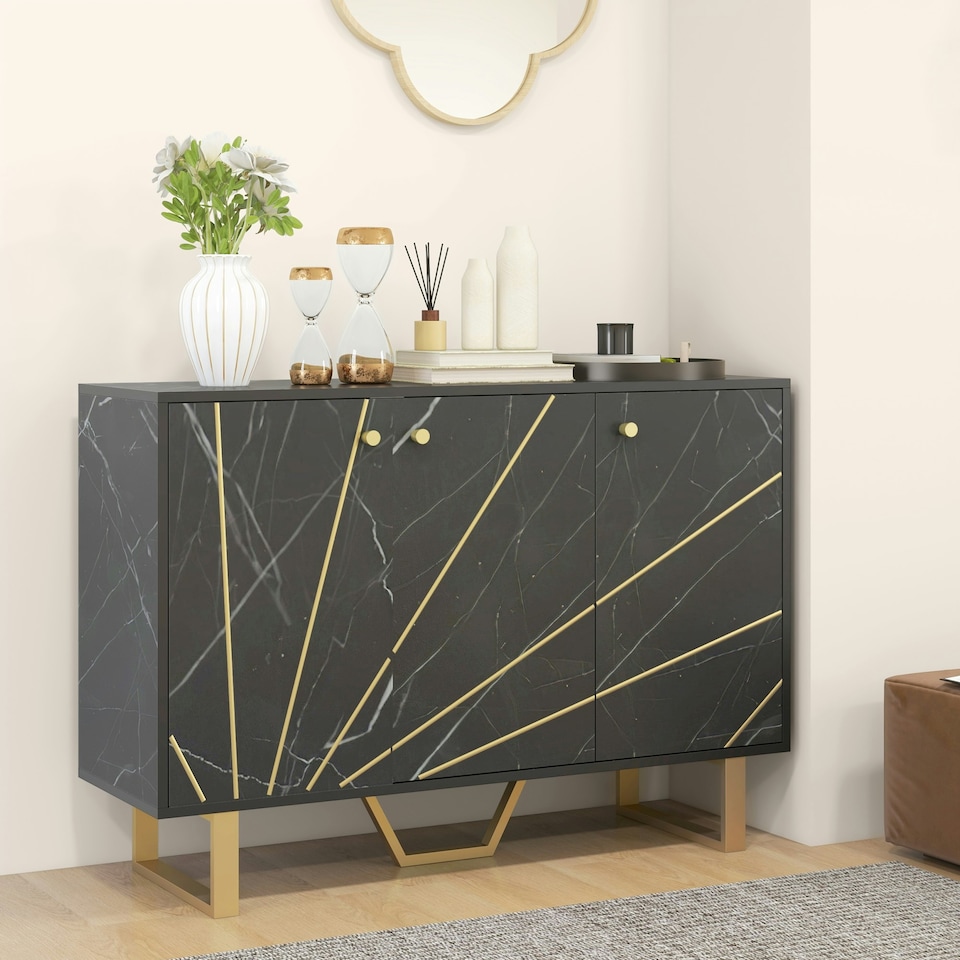 image 1 of HOMCOM Sideboard Storage Cupboard with Metal Legs for Living Room, Black Black | Gold