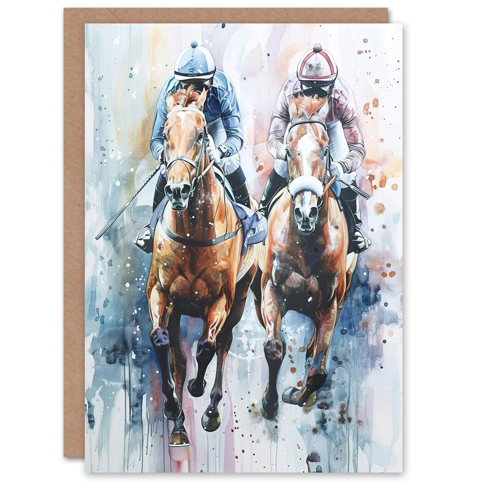 image 1 of Jockeys Horse racing Racehorses Modern Pastel Him Her Birthday Card