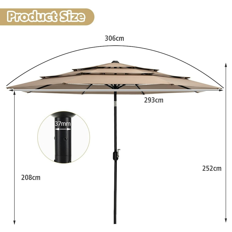 image 1 of COSTWAY 3-Tier Patio Umbrella Double Vented Crank Market Parasol Brown