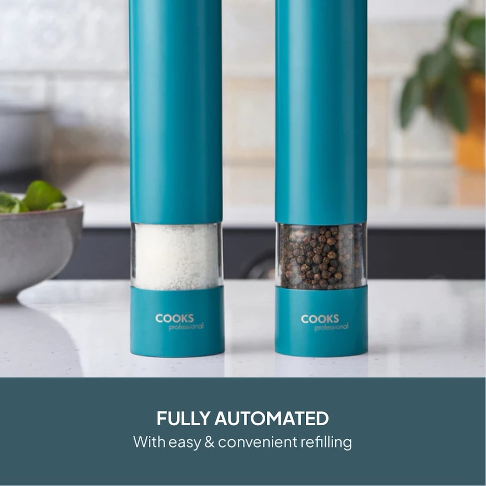image 1 of Cooks Professional Electric Salt & Pepper Mill - Stainless Steel Automatic Grinder | Blue | Teal