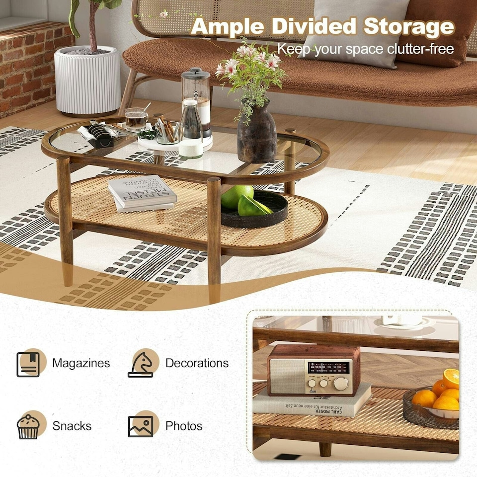 image 1 of COSTWAY 2-Tier Coffee Table Rattan Center Cocktail Tea Table Brown