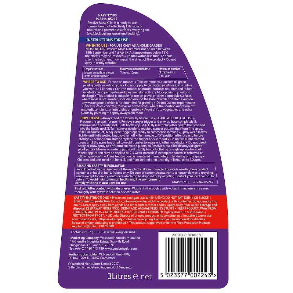 image 1 of Resolva Moss Killer Spray Ready-to-Use 3 Litre
