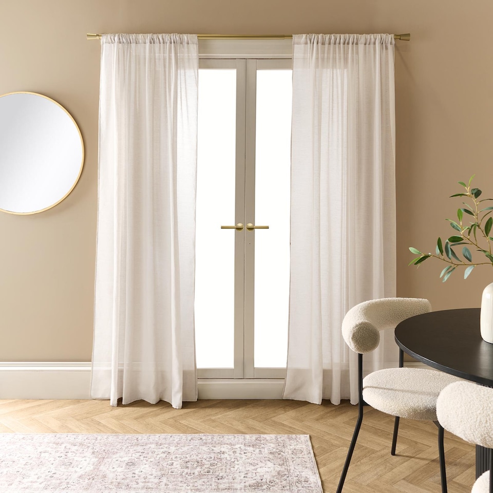 image 1 of OHS Linen Look Voile Curtains 2 Panels Net Rod Slot Top Pair | White | Ivory