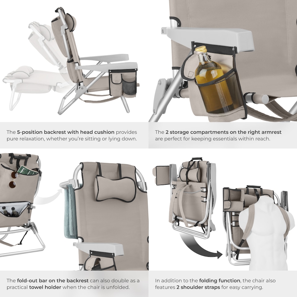 image 1 of Coral aluminum beach chair, foldable with backpack function | Cream | beige | 1