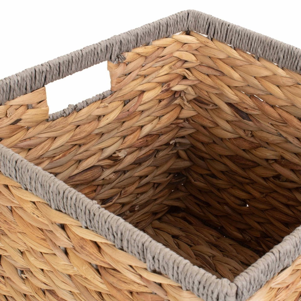 image 1 of Large Square Water Hyacinth With Grey Rope Border Storage Basket | Brown | Brown | L