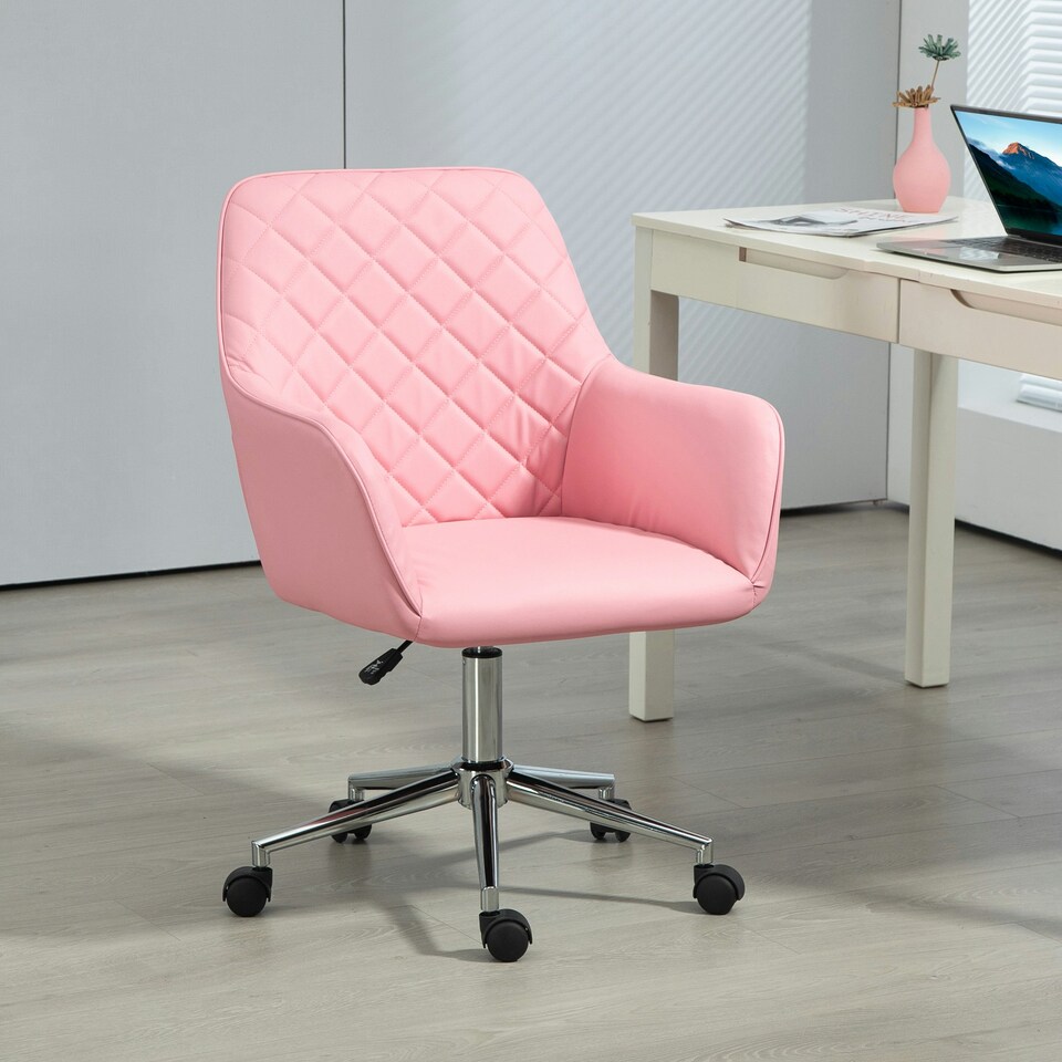 image 1 of Vinsetto Home Office Chair Leather-Feel Fabric Swivel Chair with Armrests Pink