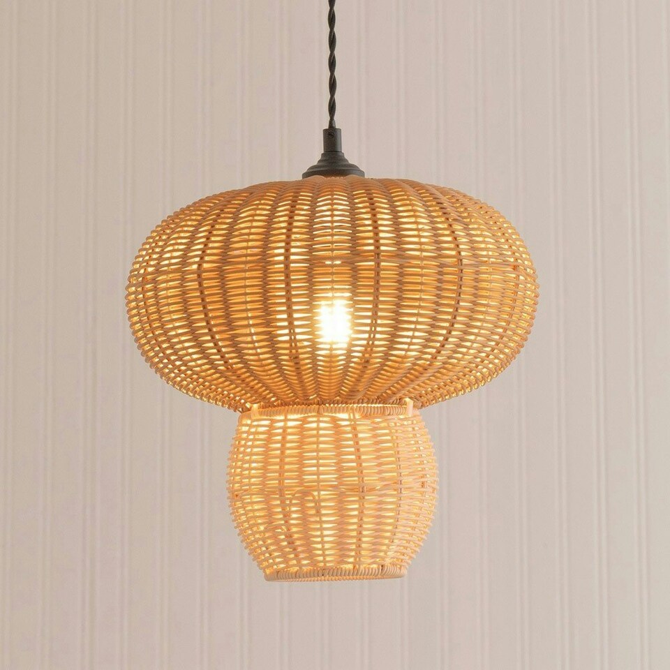 image 1 of ValueLights Portobello Natural Rattan Mushroom Easy Fit Ceiling Lamp Shade with LED Bulb Brown