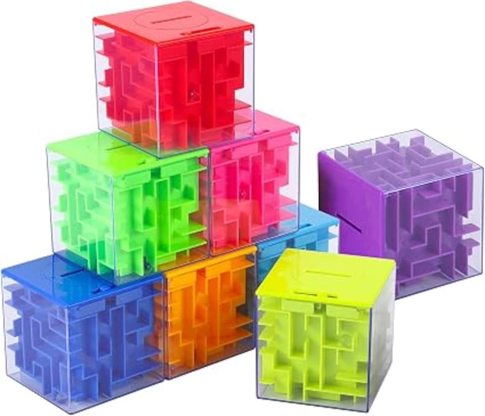image 1 of London Boutique 8PCS 3D Maze Money Puzzle Box, Rolling Ball Brain Teaser Piggy Bank, Solid Color Maze Cube Gift for Kids Teens Adults