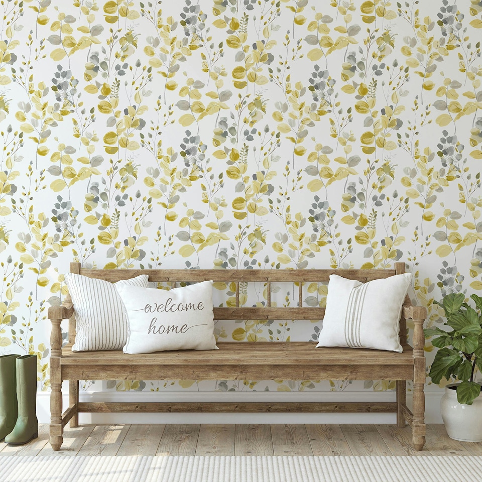 image 1 of Fresco Watercolour Leaves Ochre Wallpaper | Yellow | Yellow | 10m Length x 52cm Width