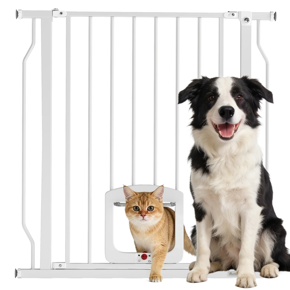 image 1 of PawHut Adjustable Pet Gate with Cat Door for Doorway 75-85 cm, White
