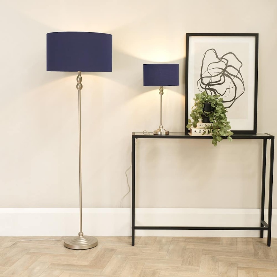 image 1 of ValueLights Maggie Chrome Candlestick Floor Lamp Navy Shade & Bulb | Blue