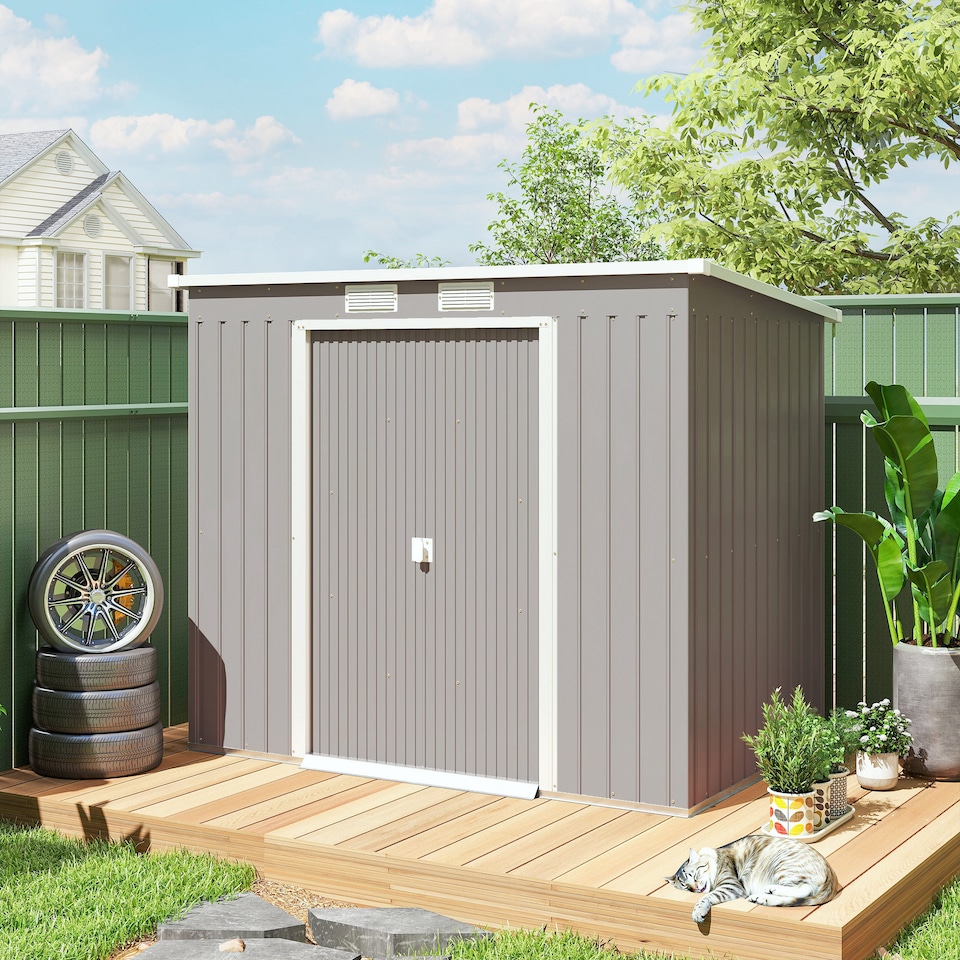 image 1 of Outsunny 7 x 4ft Lean to Garden Shed with Foundation Kit, Double Door and Vents, Outdoor Metal Storage Shed for Equipment Tools, Grey