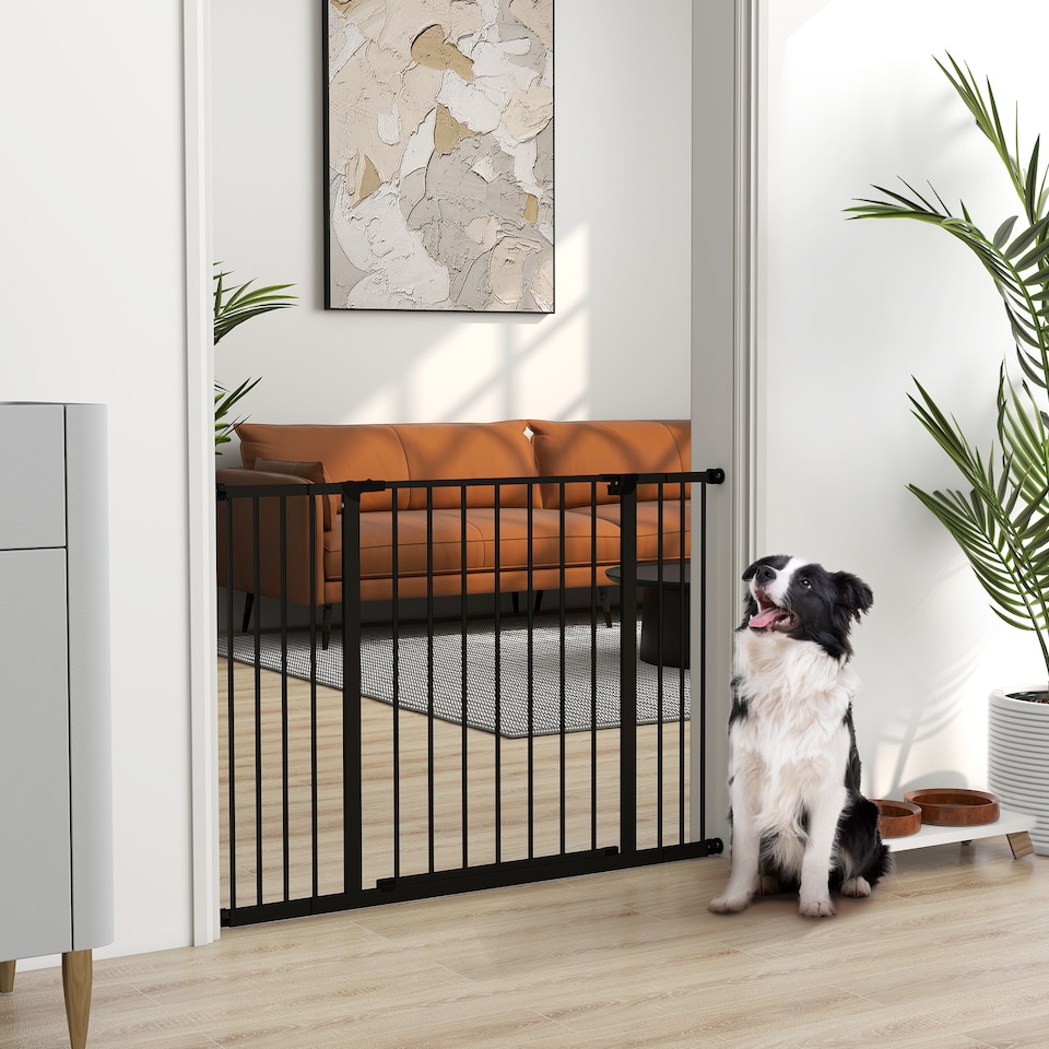image 1 of PawHut Pressure Fitted Pet Dog Safety Gate Metal Fence, Black