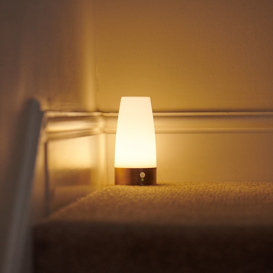 image 1 of Auraglow Wireless PIR Motion Sensor Hallway Night Light | White | Brass/Copper