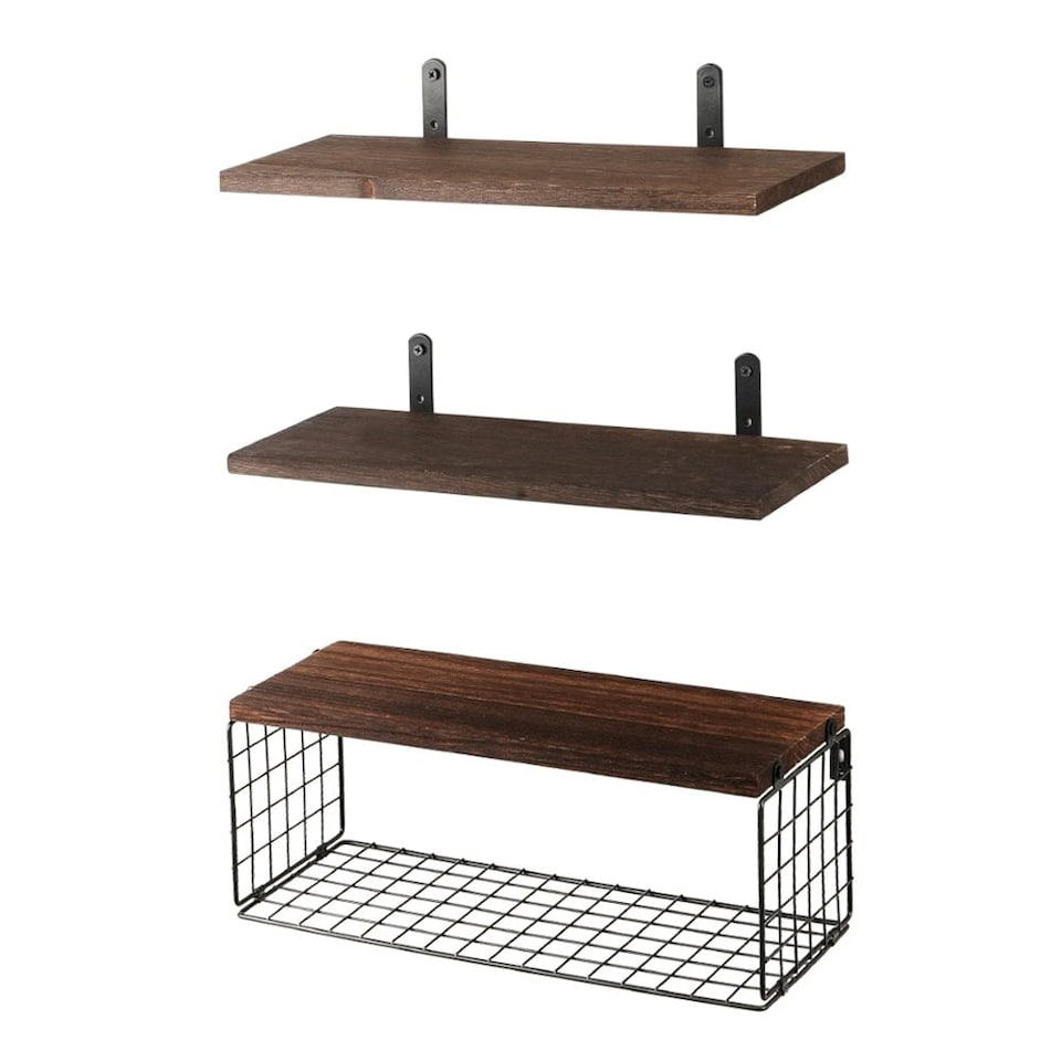 image 1 of Living and Home 3Pcs Wooden Wall Floating Shelves with Basket