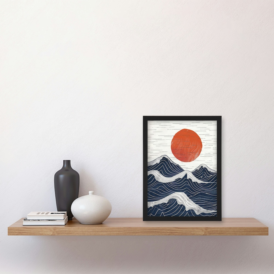 image 1 of Abstract Sunset Seascape Waves Sun Home Decor Black Framed Wall Art Print A4