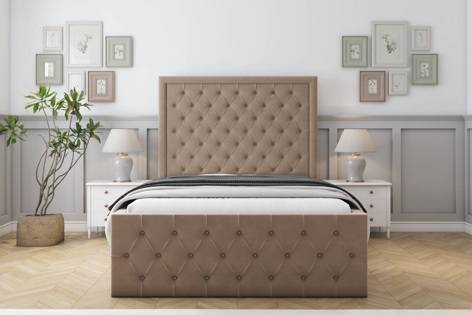 image 1 of Sloomy Vienna Mink Plush Bed Frame With Mattress With 50" Upholstered Headboard 6' Super King