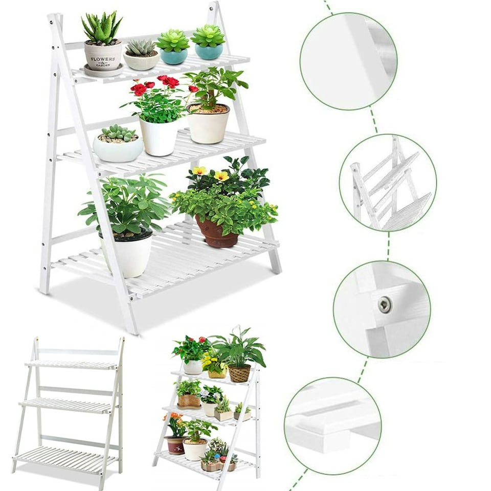 image 1 of Living and Home 3-Tier Foldable Wooden Ladder Shelf White