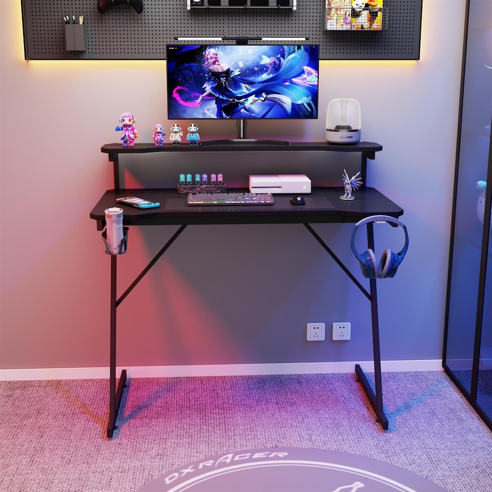 image 1 of House of Home Gaming Desk with Monitor Stand Carbon Fibre Top Black 118cm | Black | 1