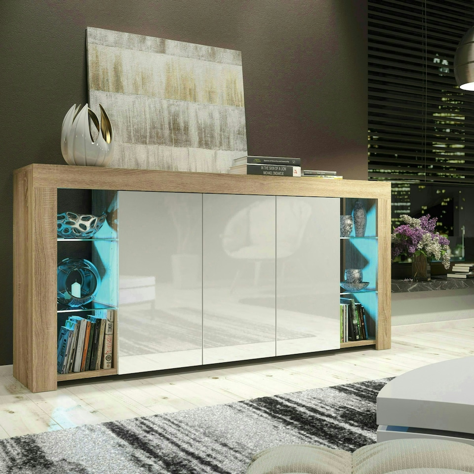 image 1 of Sideboard 164cm White Gloss Doors Oak Matt Body Free LED | Multi | Oak