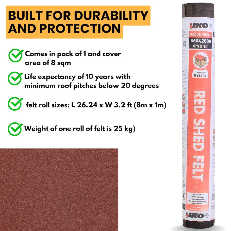 image 1 of NOVECRAFTO Polyester Shed Roofing Felt – Heavy-Duty Weatherproof Roof Felt Roll for Summerhouses, Sheds & Kennels – Premium Long-Life Roof Covering Red | 8m x 1m