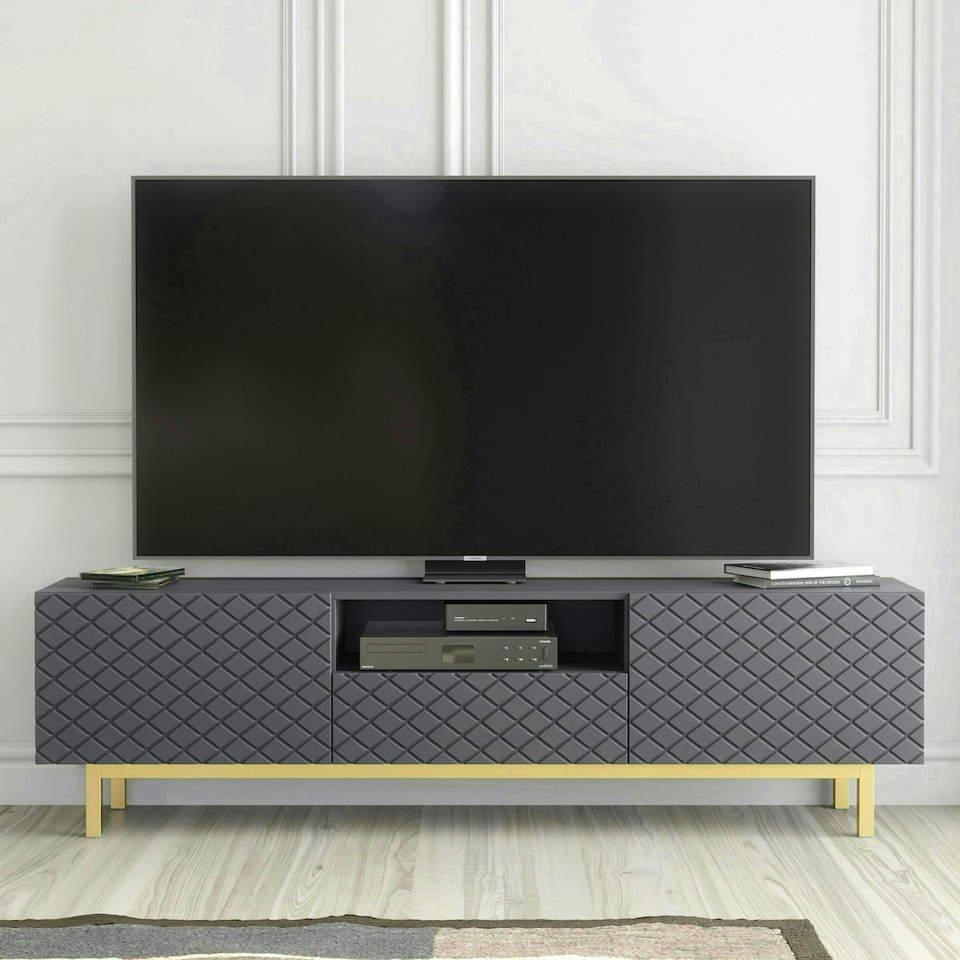 image 1 of Grey TV Unit 180cm Diamond Fronts Gold Legs Modern Media Cabinet | Grey | One Size | 1