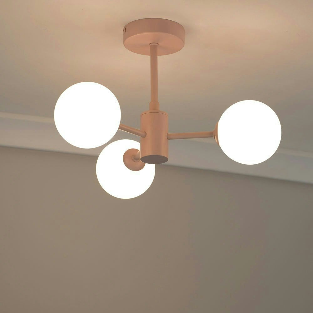 ValueLights Marlow Blush Pink Opaque Glass Globe 3 Arm Ceiling Light with LED Bulbs Pink