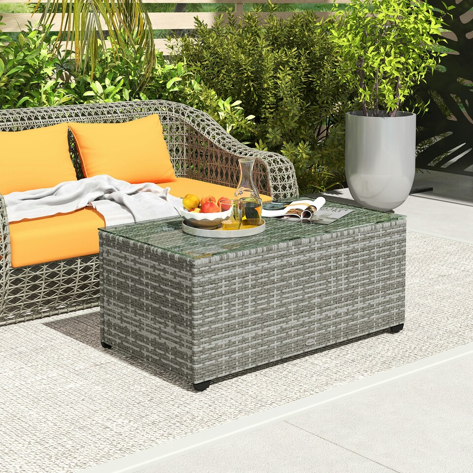 image 1 of Outsunny Outdoor Coffee Table, Glass Top Rattan Side Table, Brown