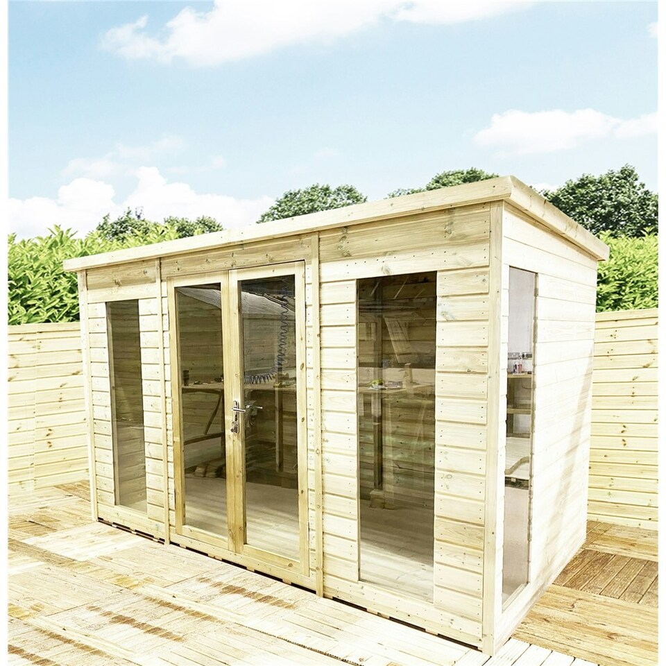 image 1 of 14 x 7 PENT Pressure Treated Tongue And Groove Pent Summerhouse with Higher Eaves and Ridge Height (14' x 7' / 14ft x 7ft) (14x7)