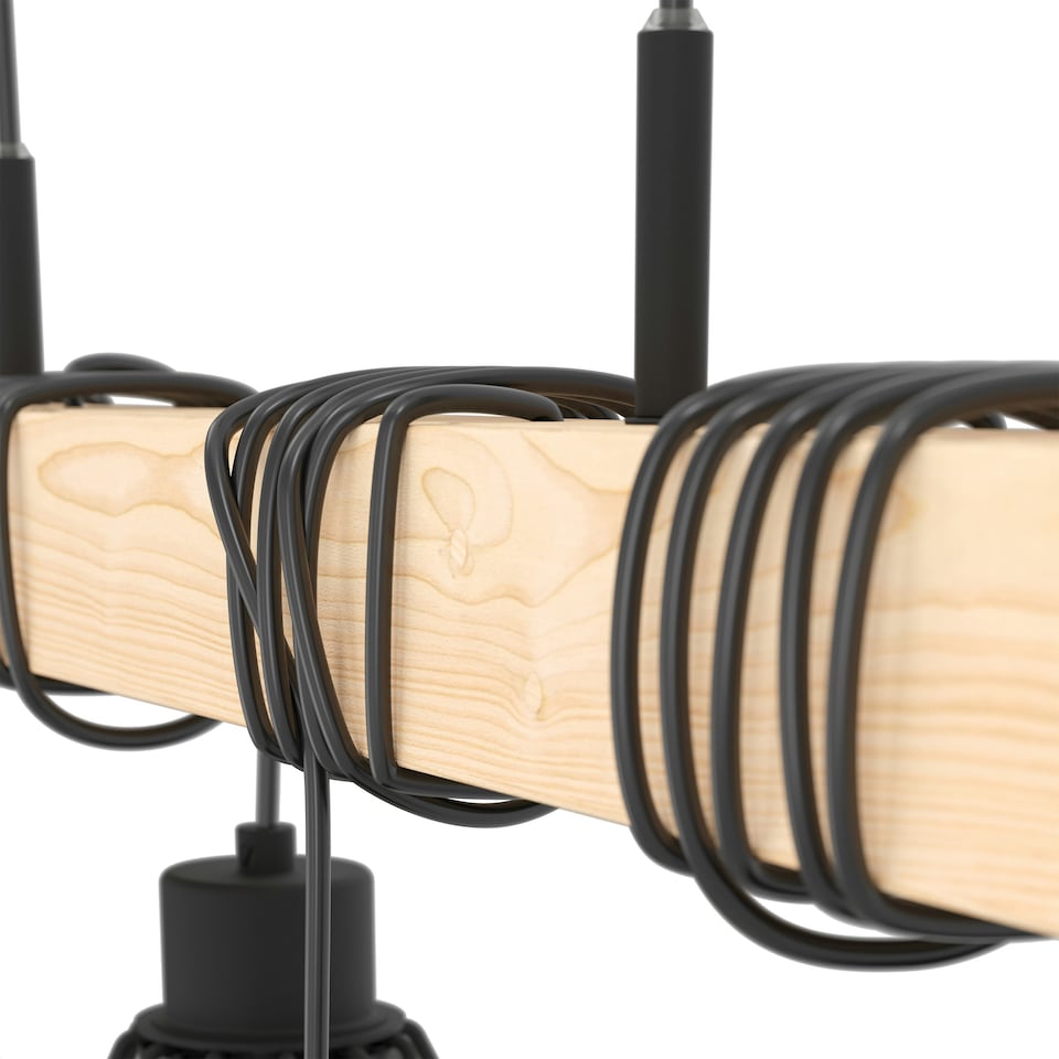 image 1 of EGLO Townshend 5 Industrial Black Metal and Natural Wood 4-Light Geometric Pendant (L) 70cm