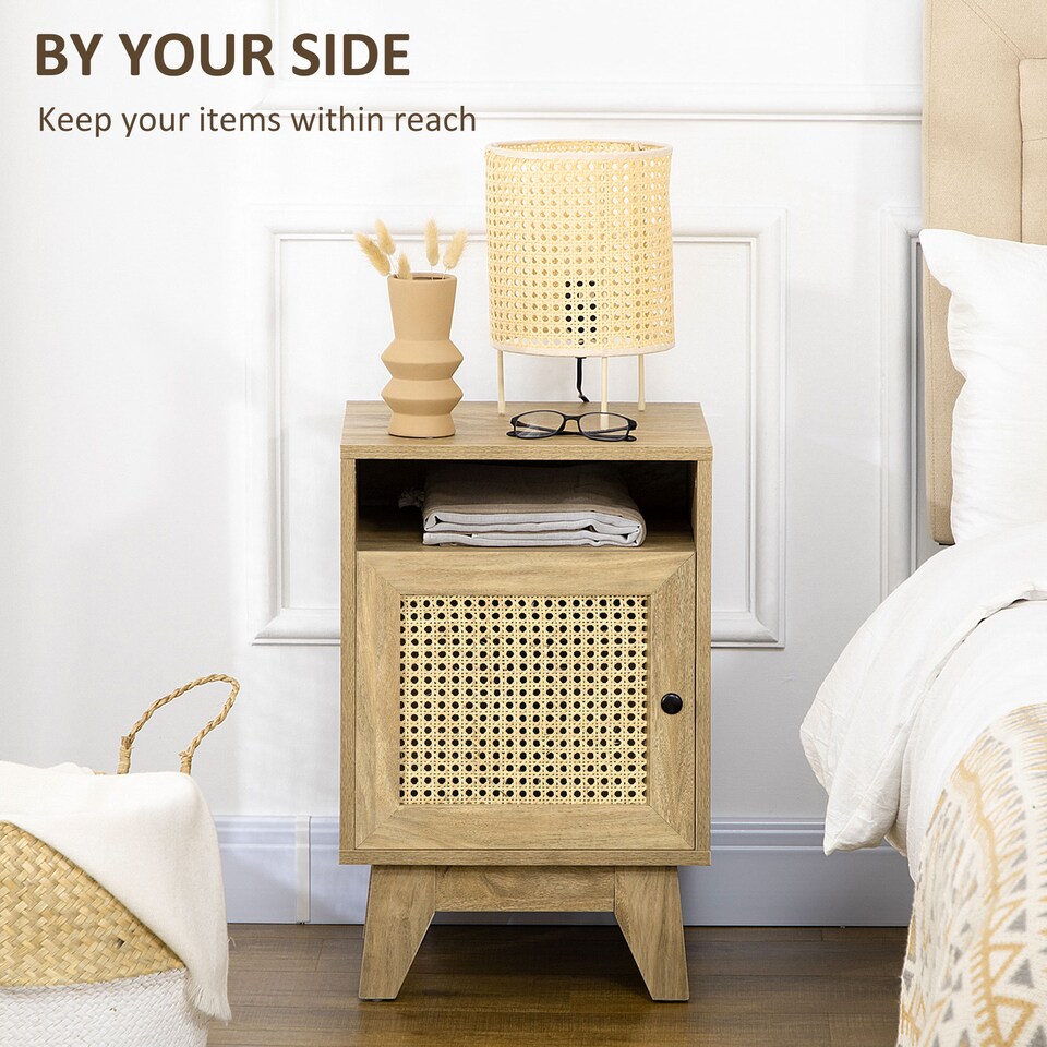 image 1 of HOMCOM Bedside Table, Rattan Nightstand w/ Shelf, Cabinet, Natural