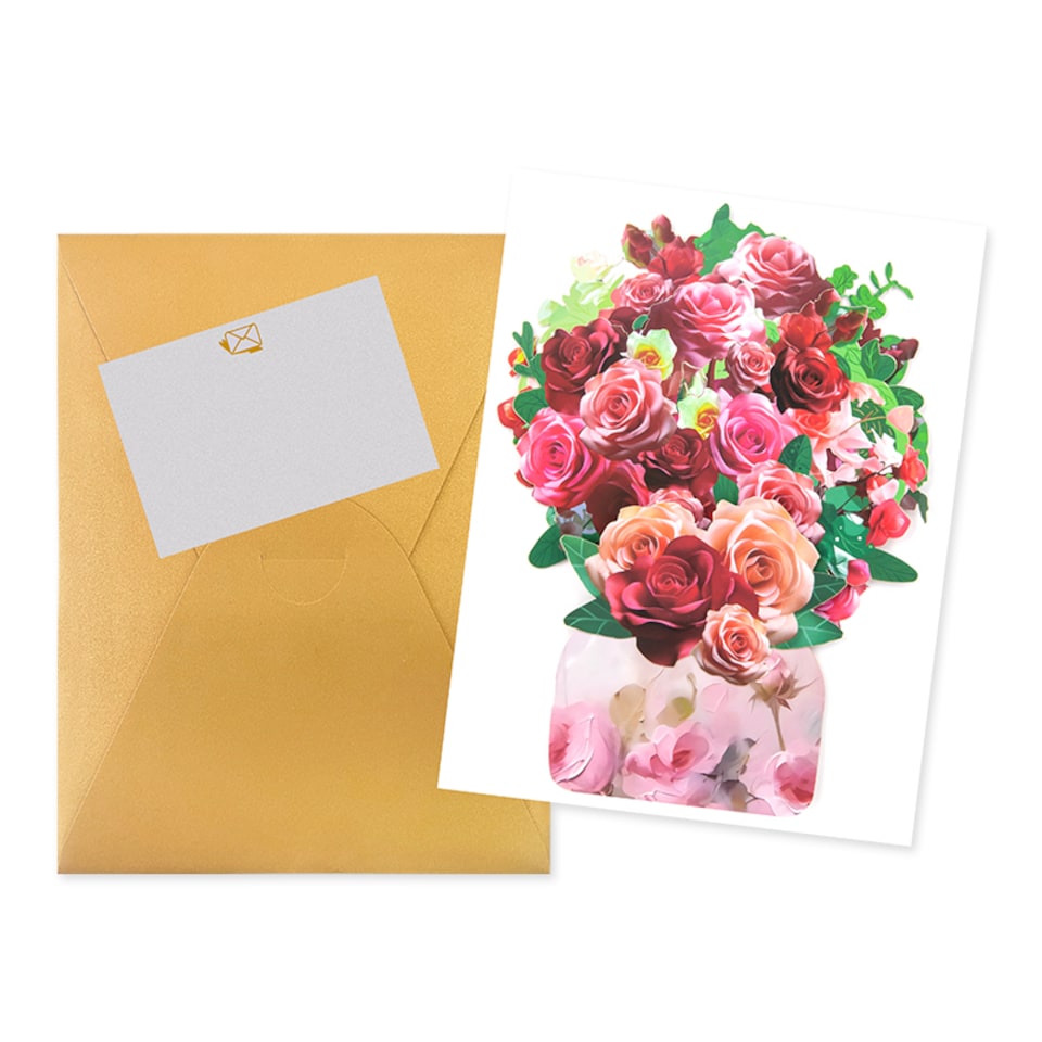 image 1 of Blushing Blooms Rose Bouquet 3D Pop Up Vase Greeting Card - Birthday Anniversary Mother's Valentine's Day
