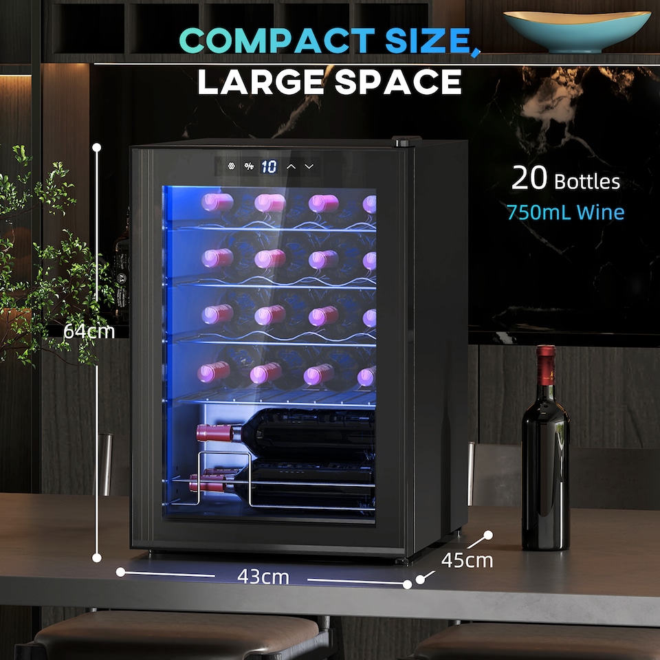 image 1 of HOMCOM 53L Wine Cooler, 20 Bottles, 5-18℃ Freestanding Wine Fridge with Glass Door, LED Light, Temperature Control and Digital Touch Screen, Black