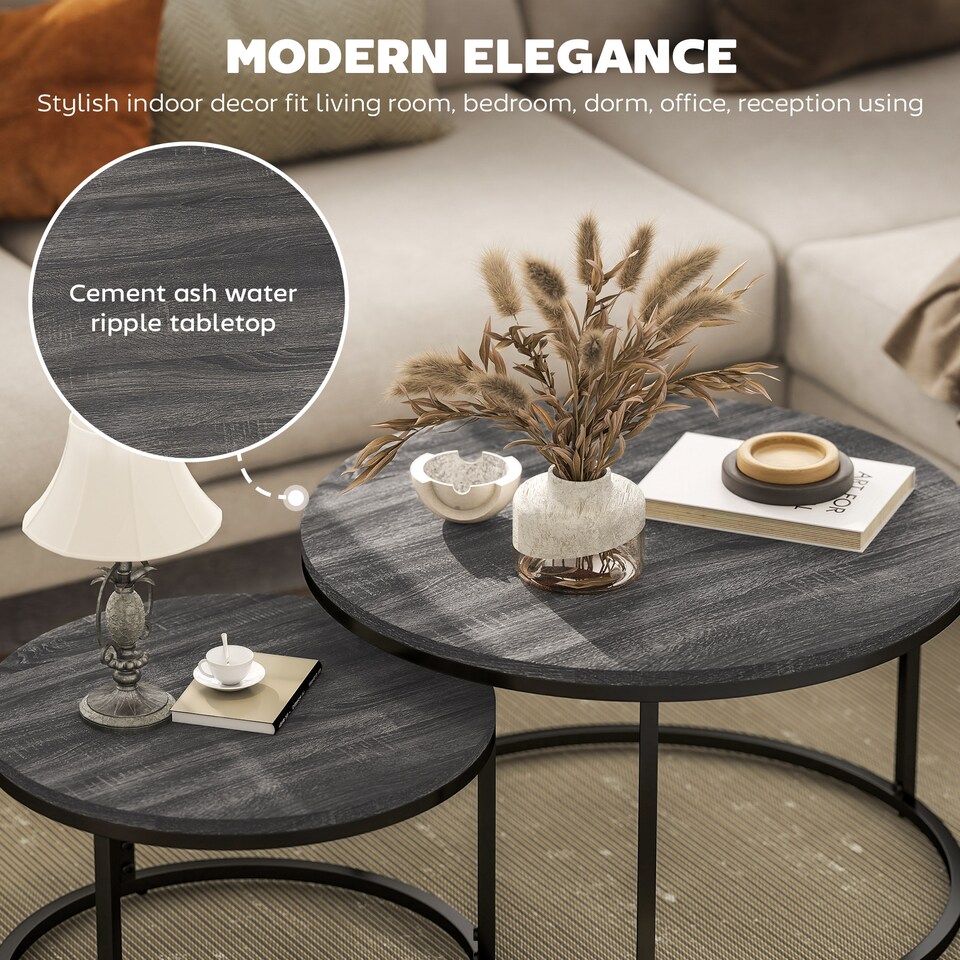 image 1 of HOMCOM Round Nesting Coffee Table Set of 2, Large Stacking End Side Table with Steel Frame for Living Room, Bedroom, Home Office, 78.5 x 78.5 x 46.5 cm, Black | Black